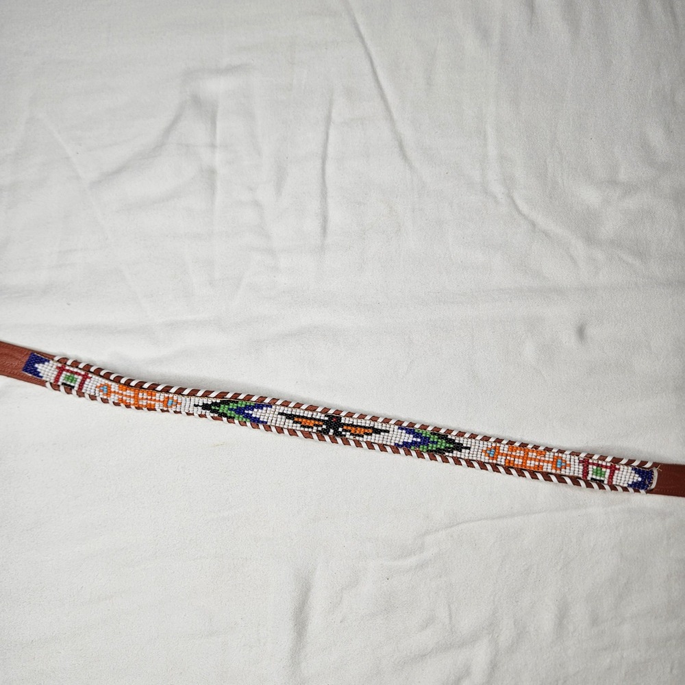 Vtb Southwestern Hand Beaded Brown Cow Hide Belt Thunderbird Geometric Sz 26